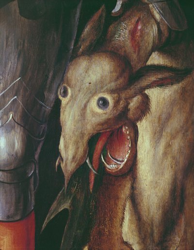 Paumgartner altertavle: detalje af venstre fløj, afbildning af dragens hoved besejret af St. George, ca. 1500 tempera på paneldetalje af 495745 af Albrecht Dürer