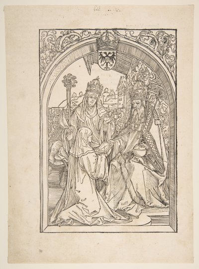 Rosvitha præsenterer komedierne for kejser Otto I. illustration fra Operaen Hrosvi....n.d. af Albrecht Dürer