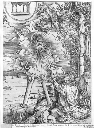 Scene fra Apokalypsen, Skt. Johannes fortærer bogen, latinsk udgave, 1511 (træsnit) (bw foto) af Albrecht Dürer