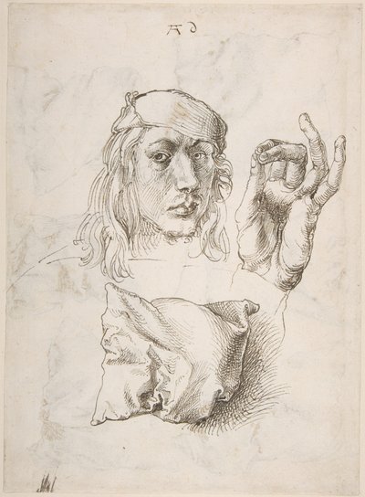 Selvportræt, studie af en hånd og en pude af Albrecht Dürer