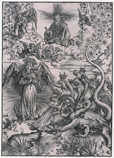 Solkvinden og den syvhovedede drage, figur IX, blad 11 i serien »Apokalypsen« af Albrecht Dürer