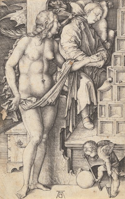 Drømmen om doktorens fristelse af lediggangeren, 14981499. af Albrecht Dürer