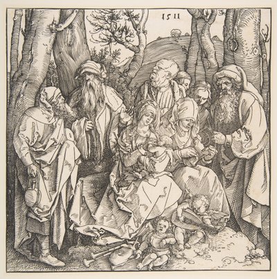 Den hellige familie med hellige og to musikalske engle, 1511. af Albrecht Dürer