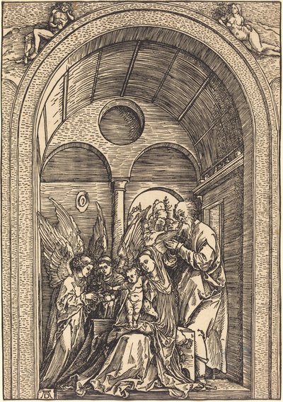Den hellige familie med to engle i en hvælvet sal af Albrecht Dürer
