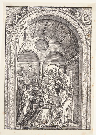 Den hellige familie med to engle i en hvælvet sal af Albrecht Dürer