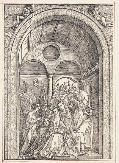 Den hellige familie med to engle i en hvælvet sal af Albrecht Dürer