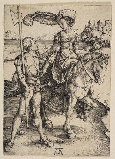 Fruen til hest og Lansquenet, ca. 1497. af Albrecht Dürer