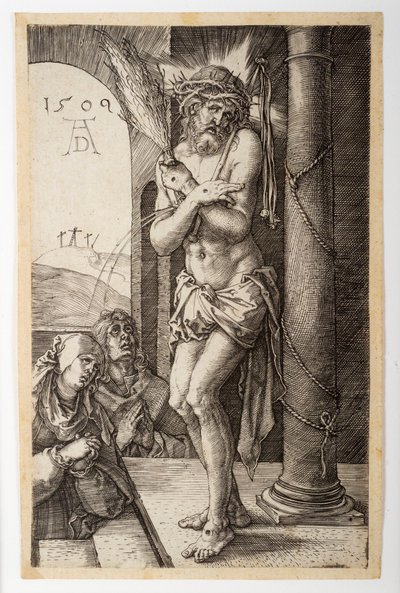Smertensmanden ved søjlen med Jomfru Maria og Johannes, fra "Den indgraverede passion" af Albrecht Dürer
