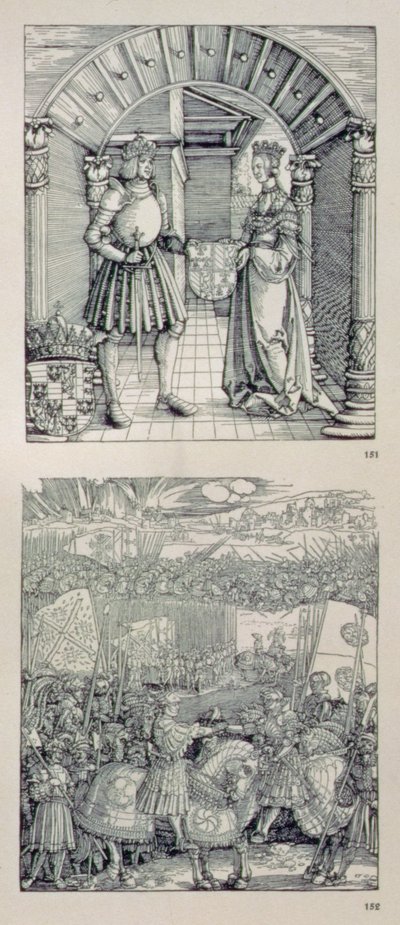 Kejser Maximilian I af Tysklands triumfbue (1459-1519): detalje, der viser to paneler placeret over den venstre portal, der forestiller (øverst) Maximilian I og hans første kone Maria af Bourgogne (1457-82) af Albrecht Dürer