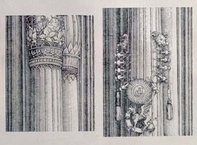 Kejser Maximilian I af Tysklands triumfbue (1459-1519): to detaljer om de centrale æres- og magtporte, der viser venstre søjle og udsmykninger med store bogstaver, dateret 1515, pub. 151718 (wo af Albrecht Dürer