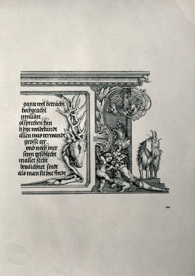 Triumfbuen for kejser Maximilian I af Tyskland 1459-1519: detalje af et hjorteskind med en inskription, der hylder kejsernes familieforbindelser, med en ged med floppy-ører, symbol på skarpheden af ​​hea af Albrecht Dürer