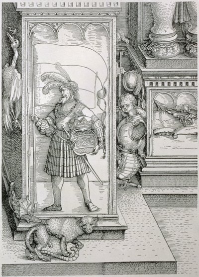 Kejser Maximilian I af Tysklands triumfbue 1459-1519: detalje af portalsøjlebasen med et udskåret relief af en mandsfigur, der bærer en standard og et kronet våbenskjold, pub. 151718 træc af Albrecht Dürer