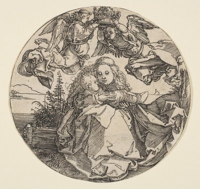 Jomfruen og barnet kronet af to engle over et landskab, der er trimmet ud, ca. 1504. af Albrecht Dürer