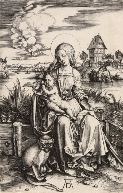 Jomfruen og barnet med aben, ca. 1498. af Albrecht Dürer