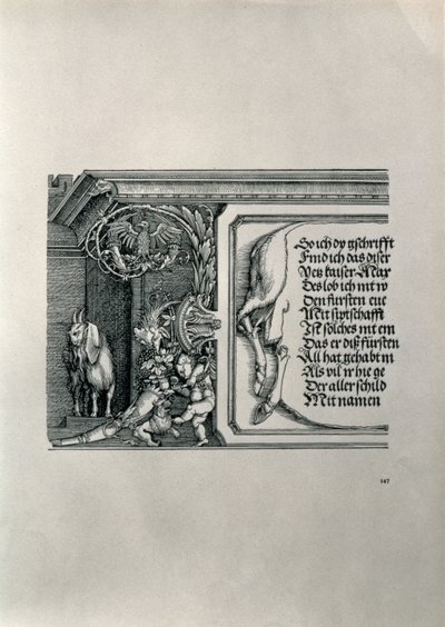 Triumfbue for kejser Maximilian I af Tyskland 1459-1519: detalje af et hjorteskind med en inskription, der hylder kejsernes familieforbindelser, med en ged med disketter, symbol på akut hørelse af Albrecht Dürer