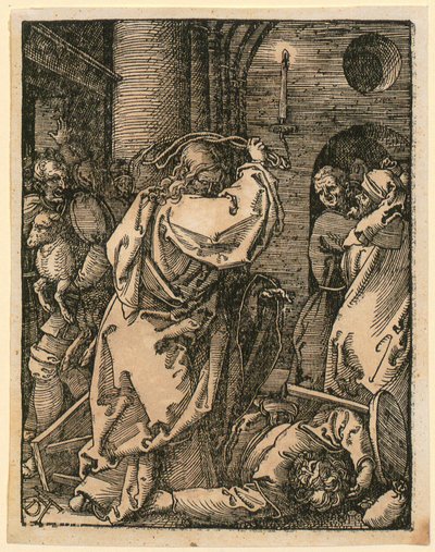 Uddrivelsen af købmændene, blad 7 fra serien «Den lille træsnitspassion» af Albrecht Dürer