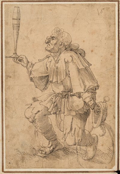 En grotesk mand knæler og holder et højt ølglas i bunden af Albrecht Dürer
