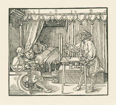 En kunstner tegner en siddende mand på et glasplan gennem en sigteskive af Albrecht Dürer or Duerer