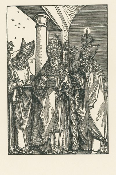 Biskop Sankt Nicolaus, helgenerne Ulrich og Erasmus, ca. 1505 (træsnit) af Albrecht Dürer or Duerer