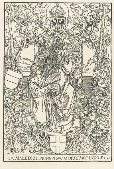 Celtes præsenterer sit værk for kejser Maximilian, trykt for Sodalitas Celtica, Nürnberg af Albrecht Dürer or Duerer
