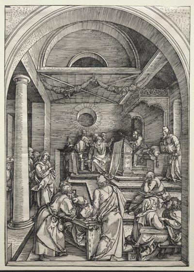 Kristus disputerer med læger, ca. 1503-1504 (træsnit) af Albrecht Dürer or Duerer