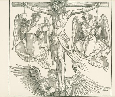 Kristus på korset med tre engle, ca. 1513 (træsnit) af Albrecht Dürer or Duerer