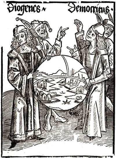 Diogenes (-413 - -327) og Democritus (-460 - -370) - i "" Das Narrenschif (Nårenes båd)" af Sébastien Brandt (1458 - 1521). Gravering. af Albrecht Dürer