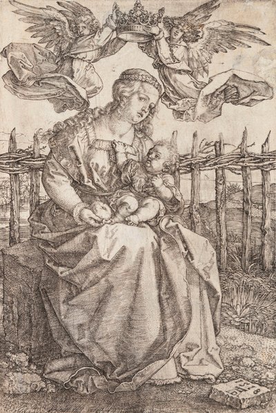 Jomfru Maria kronet af to engle - Kobberstik af Albrecht Durer (1471-1528) af Albrecht Dürer