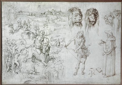 Voldtægt af Europa, løvehoveder, bueskytte, vismand, kranium (tegning) af Albrecht Dürer or Duerer