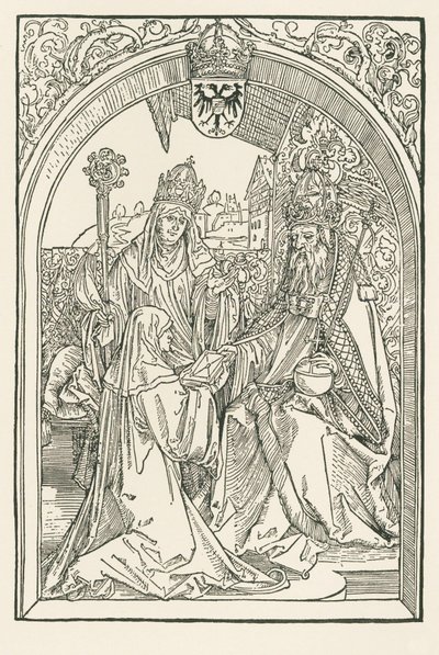 Roswitha præsenterer sine værker for kejser Otto I i overværelse af sin niece Gerba, abbedissen af Gandersheim. af Albrecht Dürer or Duerer
