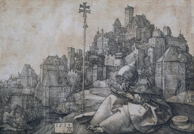 Sankt Antonius sidder foran en by - Kobberstik af Albrecht Durer (1471-1528) af Albrecht Dürer