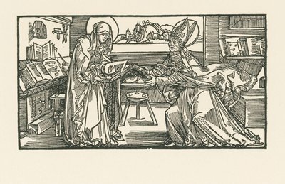 Den hellige Birgitta i sit kammer, hvor hun overrækker sit værk til en biskop af Albrecht Dürer or Duerer