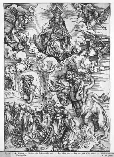 Scene fra Apokalypsen, Den syvhovedede og ti-hornede drage (træsnit) (s/h foto) af Albrecht Dürer