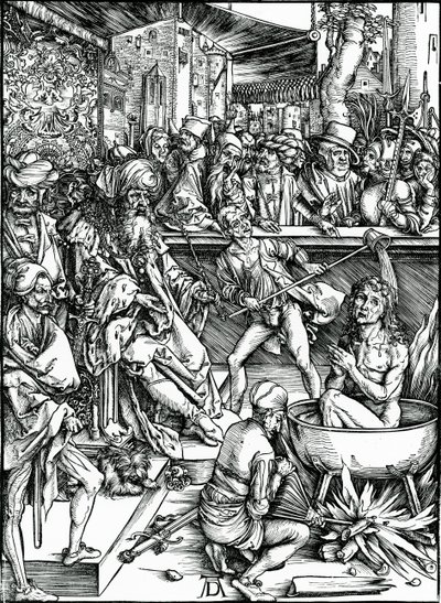 Evangelisten Johannes bliver tortureret i et kar med kogende olie, fra 