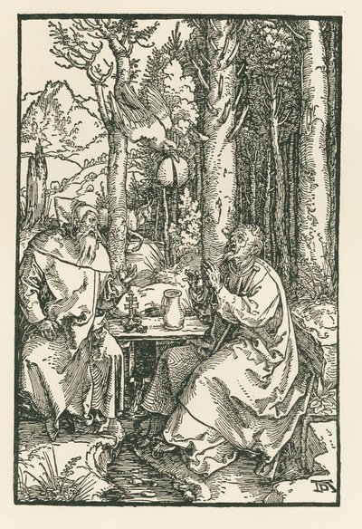 Eremitterne Sankt Antonius den Store og Sankt Paulus, ca. 1503-04 (træsnit) af Albrecht Dürer or Duerer