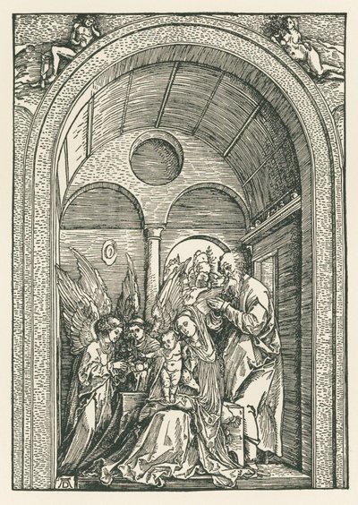 Den hellige familie med to engle i en søjlegang, ca. 1503-04 (træsnit) af Albrecht Dürer or Duerer