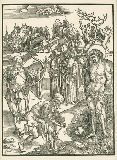 Sankt Sebastians martyrium, ca. 1500 (træsnit) af Albrecht Dürer or Duerer