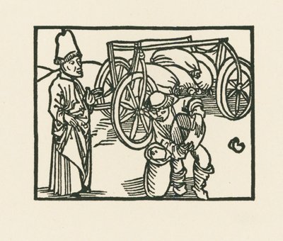 Præsten har en sæk på en vogn, og der bliver lagt havre i den, ca. 1489-90 (træsnit) af Albrecht Dürer or Duerer