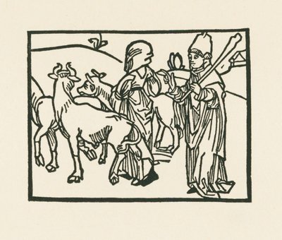 Præsten i sine klæder driver kvæg ud, og foran ham går tjenestepigen, ca. 1489-90 (træsnit) af Albrecht Dürer or Duerer
