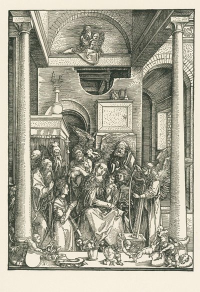 Jomfruen tilbedt af engle og helgener, ca. 1502 (træsnit) af Albrecht Dürer or Duerer