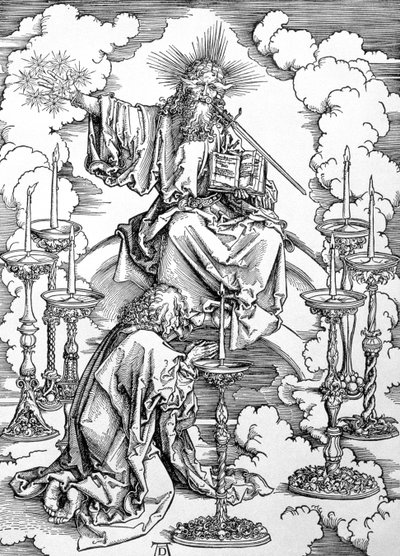 Visionen om de syv lysestager fra "Apokalypsen" eller "Johannes den Guddommeliges åbenbaringer", udg. 1498 (træsnit) af Albrecht Dürer