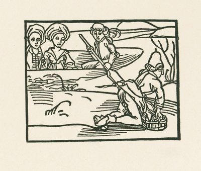 Hertuginden sidder i en båd på vandet, hvor præsten vasker sit undertøj, ca. 1489-90 (træsnit) af Albrecht Dürer or Duerer