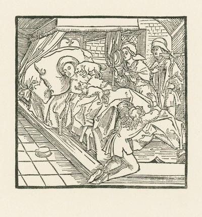 Den adelige hofdame, der fodrede sine hunde så godt, men lod de fattige sulte, bliver efter sin død slikket af hundene, indtil hun bliver sort som kul. af Albrecht Dürer or Duerer