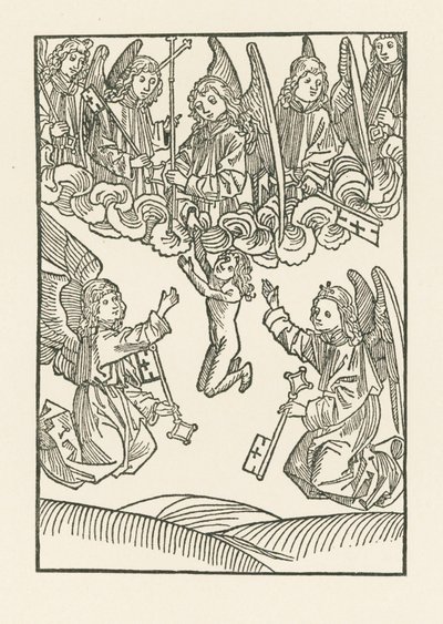 De syv engle med et kors og de seks nøgler, hvormed de åbnede himlen for de seks barmhjertighedsgerninger, modtager en sjæl i himlen. af Albrecht Dürer or Duerer