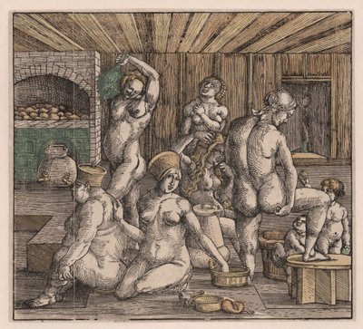 Kvindebadet, af Duerer, Albrecht (1471-1528). Træsnit, akvarel, ca. 1500. Mål: 21,8x23,9 cm. Privat samling af Albrecht Dürer