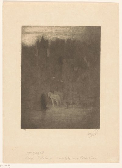 Figur og to heste på et slot i tågen af Albrecht Felix Reicher (signed by artist)