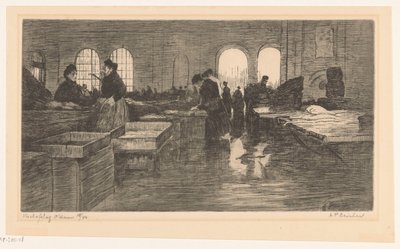 Interiør af Vismarkt på Nieuwmarkt i Amsterdam Amsterdam fiskeauktion (original titel på objektet) af Albrecht Felix Reicher (signed by artist)