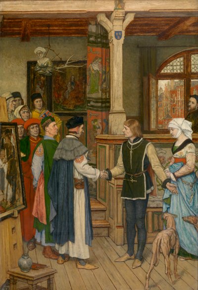 Magistraterne besøger Jan van Eycks værksted (olie på lærred) af Albrecht de Vriendt