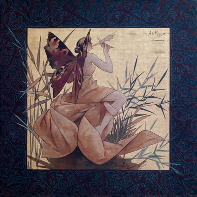 Komposition med en bevinget nymfe mellem sivene - Maleri af Alexandre de Riquer i Ynglada (1856-1920) af Alejandro de Riquer