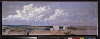 Skyer over havkysten. Landskab med et par huse langs kysten, toppet af store hvide skyer. Værk af Alexander Andreyevich Ivanov (1806-1858), olie på papir af Aleksandr Andreevich Ivanov